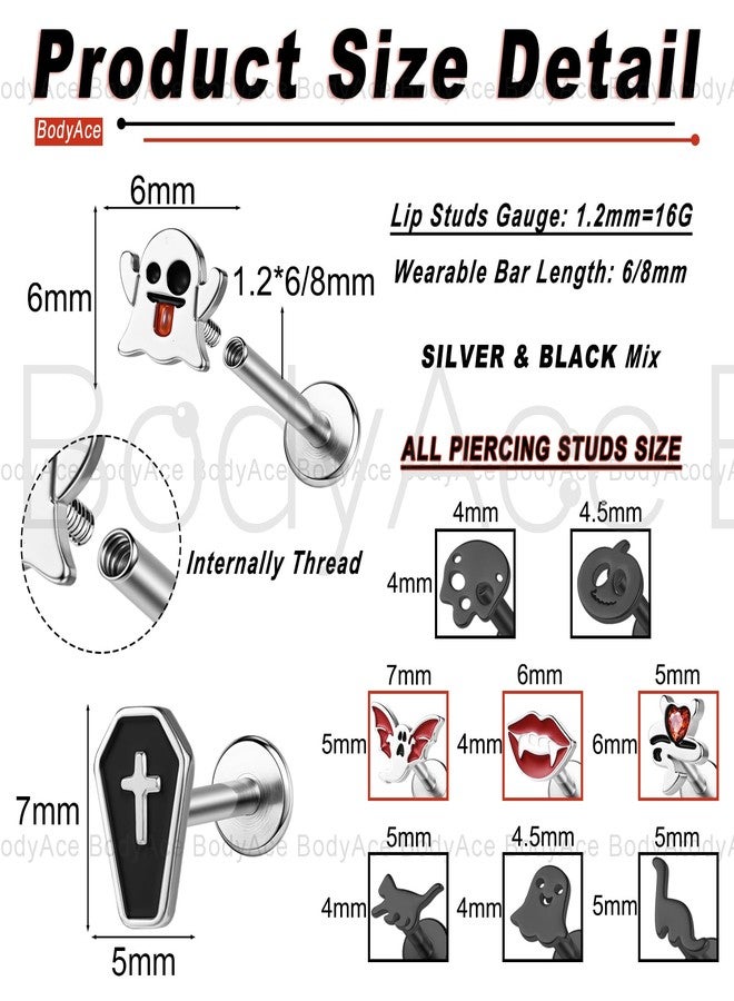 BodyAce 16G Flat Back Earrings Halloween Lip Rings Black Gothic Labret Stud Cartilage Helix Earring Pumpkin Lip Studs Ghost Skull Tragus Piercing Halloween Jewelry [A:8mm] - Image 2